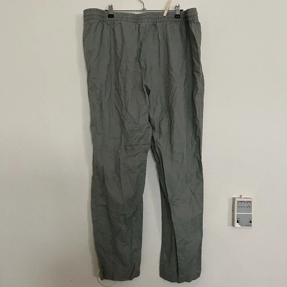 H&M Green Linen Cotton SZ XL Pants Wide Leg Elastic Waist High Rise Beach Resort